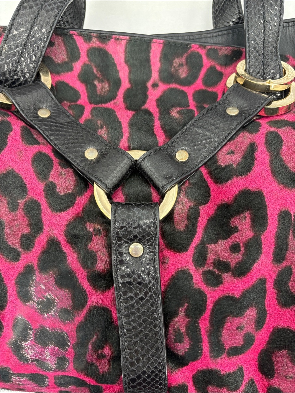 Jimmy Choo Pony Hair Fuchsia and Black Leopard-Print Tote - Picture 4 of 15